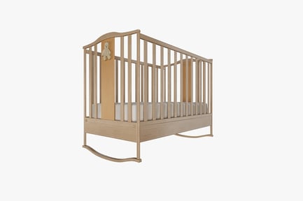 Preview: Wooden crib with slatted sides and cursive "love" sign