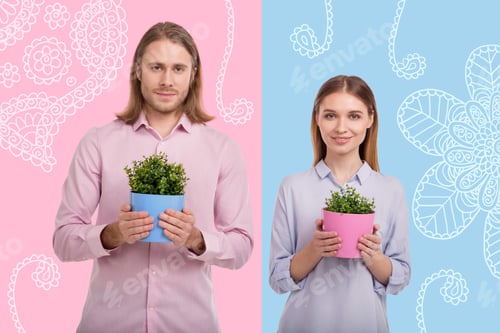 Preview: Holding Plants. Friendly Young Cheerful Gardeners Looking Glad And Smiling While Holding Pink And