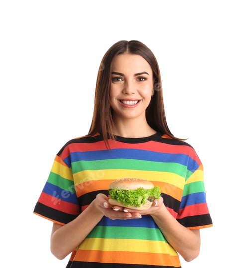 Preview: Young woman with tasty burger on white background