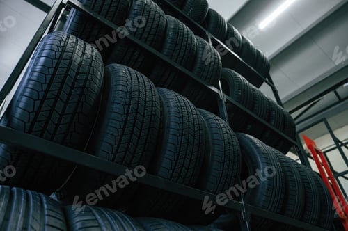 Preview: On the shelves. New tires are placed on the storage rack in the car workshop