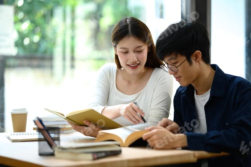 Preview: Asian male and female student collaborating on a group assignment in co working space