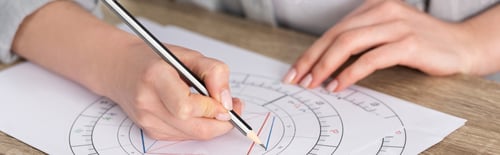 Preview: Cropped view of astrologer drawing natal chart on wooden table, panoramic shot