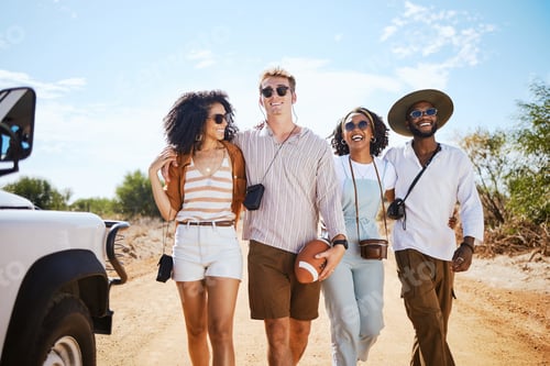 Preview: Travel, diversity and friends on a road trip for happy summer holidays, vacation and sunny caravan