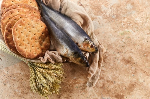Preview: Catholic still life of five loaves of bread and two fish