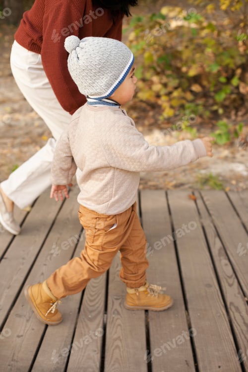 Preview: Mother and son spending time outdoors, walking on the wooden eco trail in the park