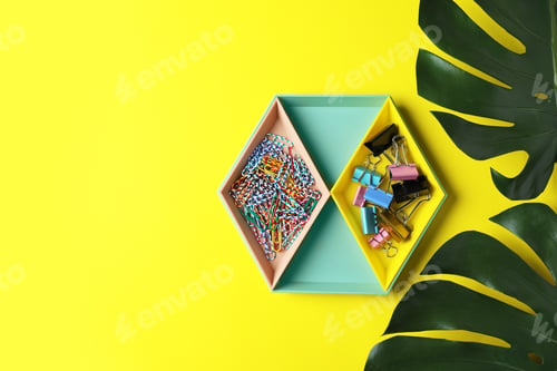 Preview: Stylish tray with office stationery on color background. Space for text