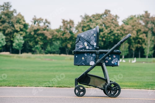 Preview: spotted multicolored baby carriage on road in green summer park