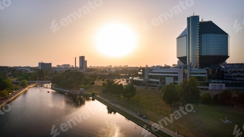 Preview: View from the roof of the National Library in Minsk at sunset. Belarus, public building
