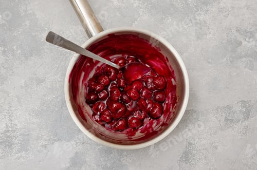 Preview: Cherry cooked with sugar and starch in a saucepan to make chocolate roll cake Black forest.