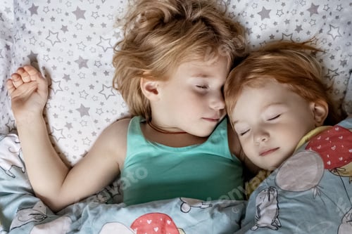Preview: Two little girls, sisters sleeping in a bed under one blanket
