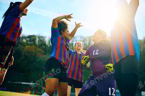 Preview: Happy women's soccer team celebrating victory after the match at the stadium.