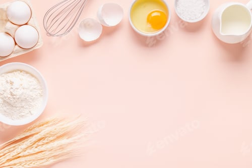 Preview: Ingredients for baking on light pink background.