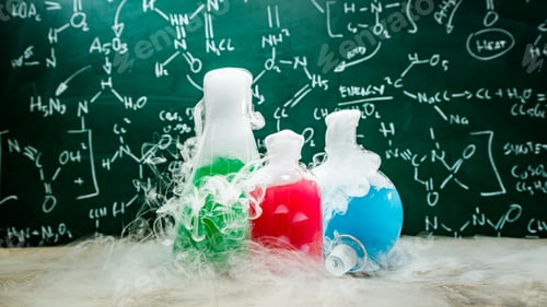 Preview: University laboratory with books and beakers. Practical chemistry classes.