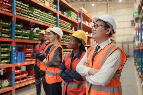 Preview: Portrait of Group employees in a warehouse,