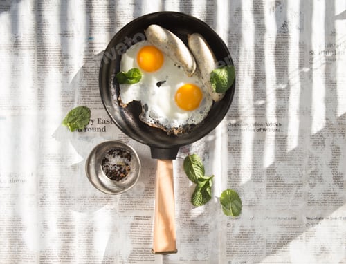 Preview: Fried eggs, sausage in iron pan - Healthy food english breakfast