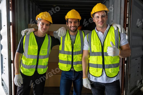 Preview: 3 Workers carry carton box take from 40 feet steel container on the trailer truck and smile portrait