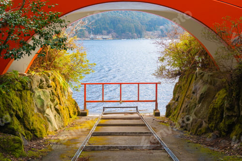 Preview: The red bridge at Fujisan Hongu Sengen Taisha temple, Fujinomiya, Shizuoka city, Japan.
