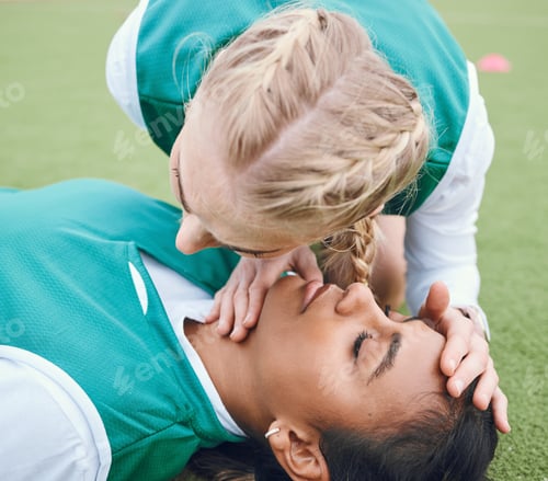 Preview: First aid, breathing and emergency with a hockey player on a field to save a player on her team aft