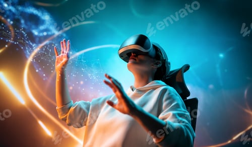 Preview: Woman with VR virtual reality goggles