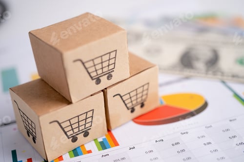 Preview: Shopping cart logo on box with US dollar banknotes, Banking Account, Investment Analytic research