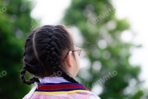 Preview: Asian little child girl with black hair braid turned her back to the camera.