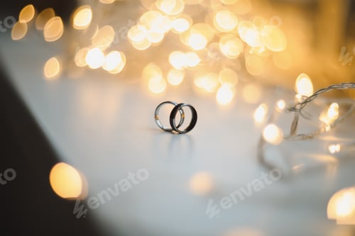 Preview: Wedding rings on blured bokeh glowing golden background. Symbol of love and romance on a textured