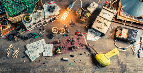 Preview: Vintage electronics workplace in laboratory on old wooden table