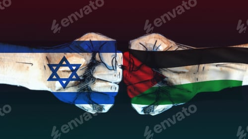 Preview: Israel and Palestine conflict or war situation reflect with flag and feast fight