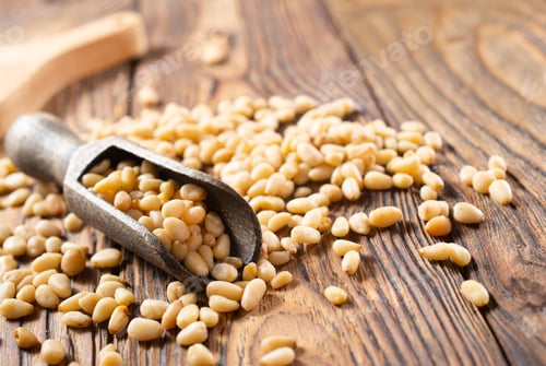 Preview: Pine nuts (cedar nuts). Delicious siberian product with nice taste and hale. Top view.