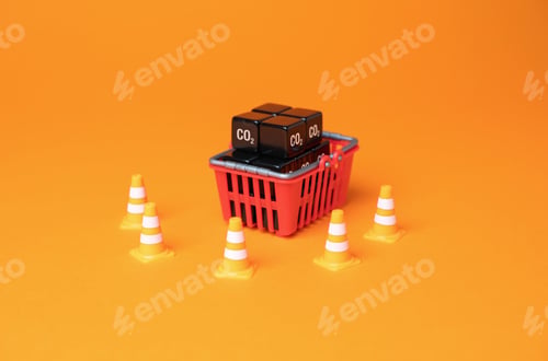 Preview: Shopping basket and cubic CO2 carbon dioxide.