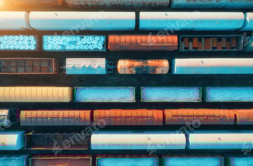 Preview: Aerial view of freight trains at sunset. Railway cargo wagons