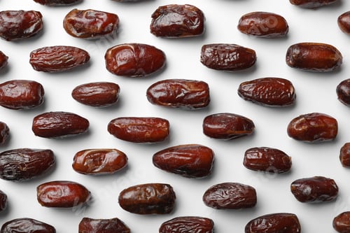 Preview: Sweet dried date fruits on white background, top view