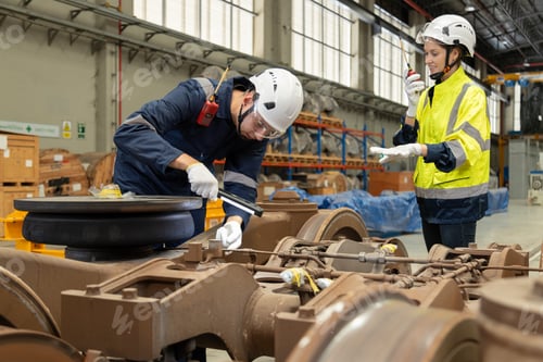 Preview: Two professional engineers check mechanical check undercarriage of lifted electric train