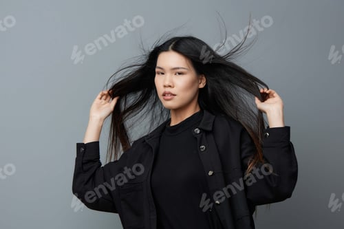 Preview: Grey woman girl healthy face portrait pretty background smile asian skin beauty fashion