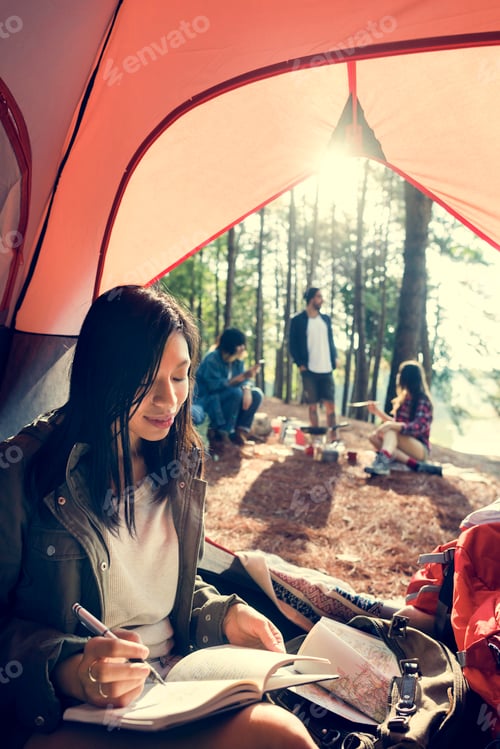 Preview: Woman Reading Traveling Destination Camping Concept