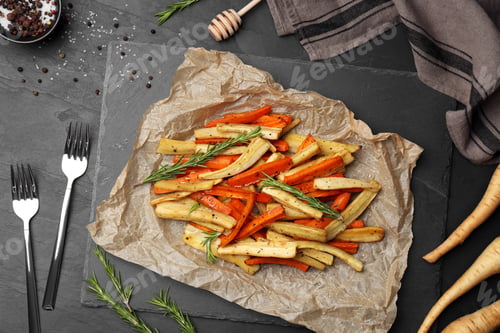 Preview: Tasty baked parsnip and bell pepper served on dark grey table, flat lay