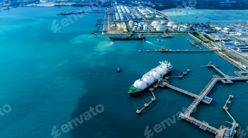 Preview: LNG (Liquified Natural Gas) tanker anchored in Gas terminal gas tanks for storage. Oil Crude Gas