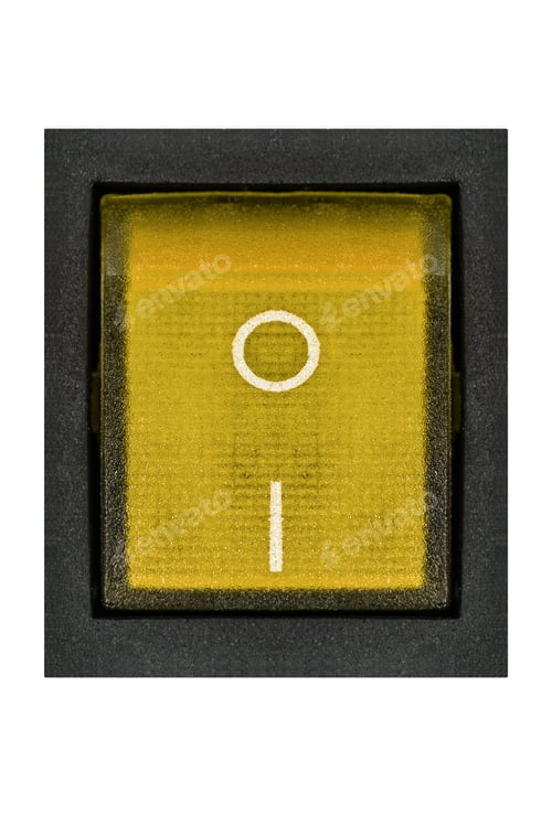 Preview: Yellow power switch, isolated on white background, with clipping path