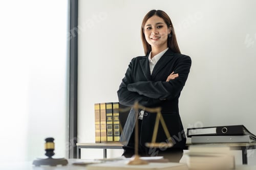 Preview: Business lawyer woman working the legal field on the table with brass scales and justice hammer