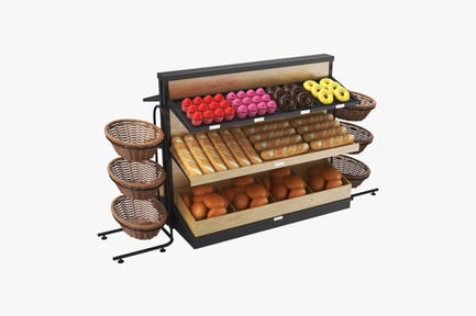 Vista previa: Vitrina de panadería con estantes variados y surtido de pan