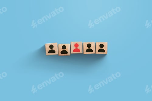 Preview: HR creative idea. Wooden cubes with staff and red leader person on blue background. Recruitment