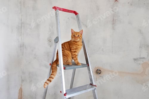 Preview: Young ginger tabby cat sits on top step of stepladder