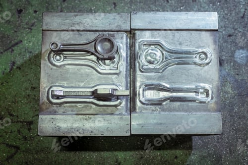 Preview: Stamping mold with blank and forged part in industrial forge