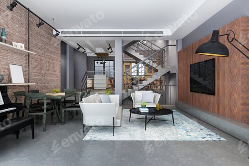 3d rendering loft luxury living room with shelf and piano and brick decor near dining room and stair