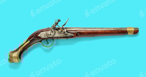 Preview: Antique wooden flintlock pistol on blue background