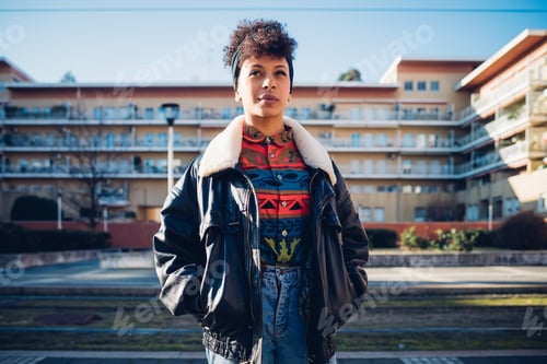 Preview: Cool young woman on urban sidewalk looking up, portrait