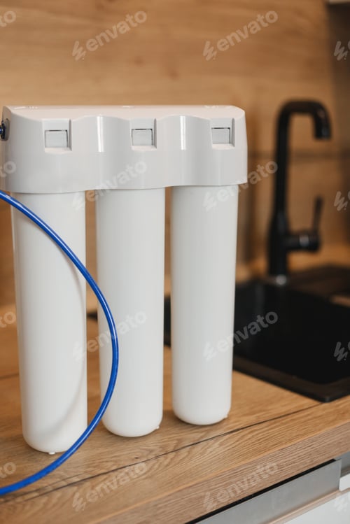 Preview: Household water purification system. Three-stage water treatment and softening system.
