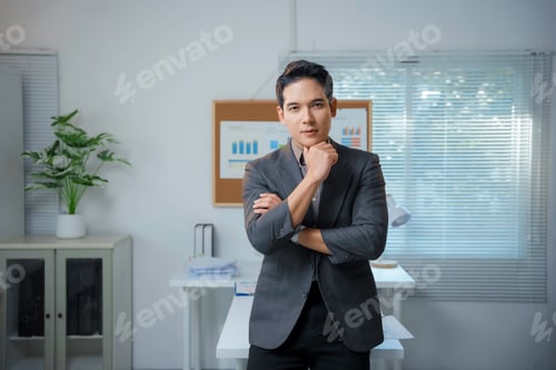 Preview: Confident businessman posing with arms crossed in modern office