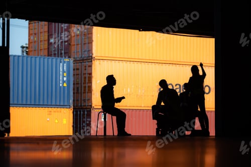 Preview: Group of warehouse employee talking and meeting comfortably during work, Silhouette concept.