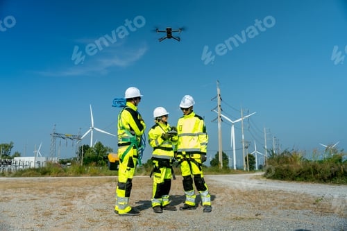 Preview: Wide shot of wind turbine or windmill worker woman or engineer use controller to control the drone